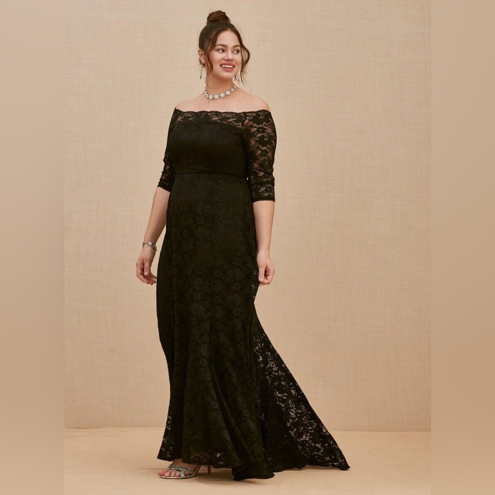 Torrid Special Occasion Black Lace Off Shoulder Gown